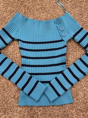 Urban Outfitters Turquoise and Navy Off-Shoulder Button Stripe Sweater